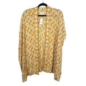 LOFT Kimono Top Womens Medium/Large Yellow Branch Print Open Front Rayon NWT